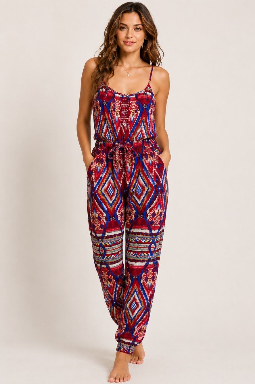 Sans Souci Red Tribal Print Jumpsuit | Size Medium
